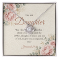 Silver Love Knot necklace for daughter displayed on To My Daughter Jeremiah 29:11 message card