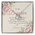 Silver Love Knot necklace for daughter displayed on To My Daughter Jeremiah 29:11 message card