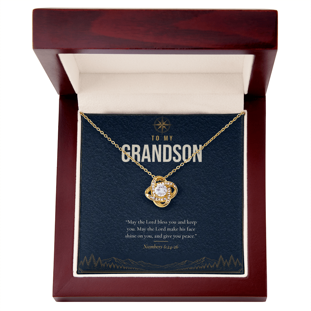 18K yellow gold finish Christian Love Knot necklace for Grandson in mahogany luxury gift box with lid open, "To My Grandson" message card (Numbers 6:24-26)