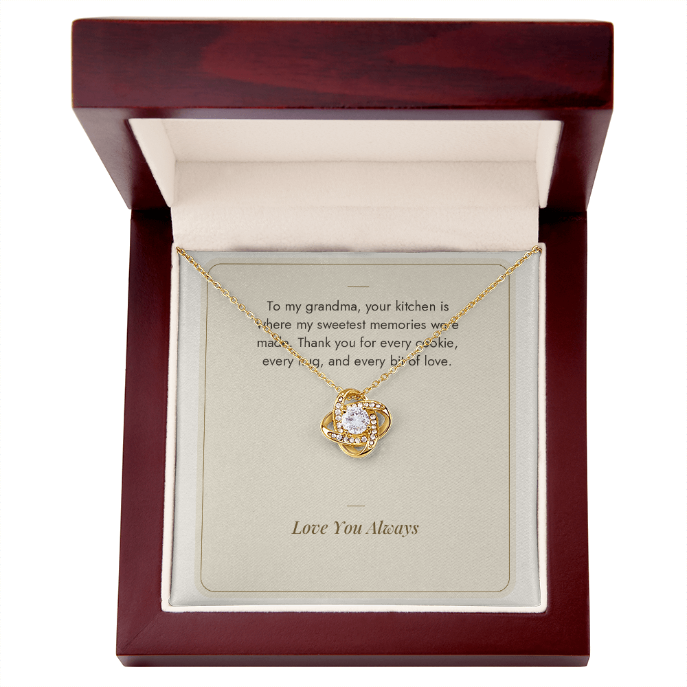 Yellow gold Love Knot necklace for Grandma with Sweetest Memories message card in mahogany LED luxury gift box