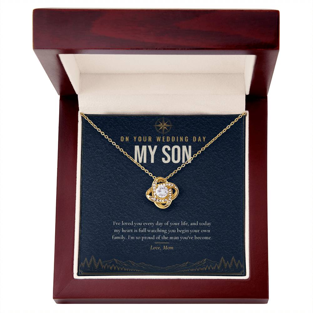 18K yellow gold finish Wedding Day Love Knot necklace for Son in mahogany luxury gift box with lid open, "On Your Wedding Day My Son" message card