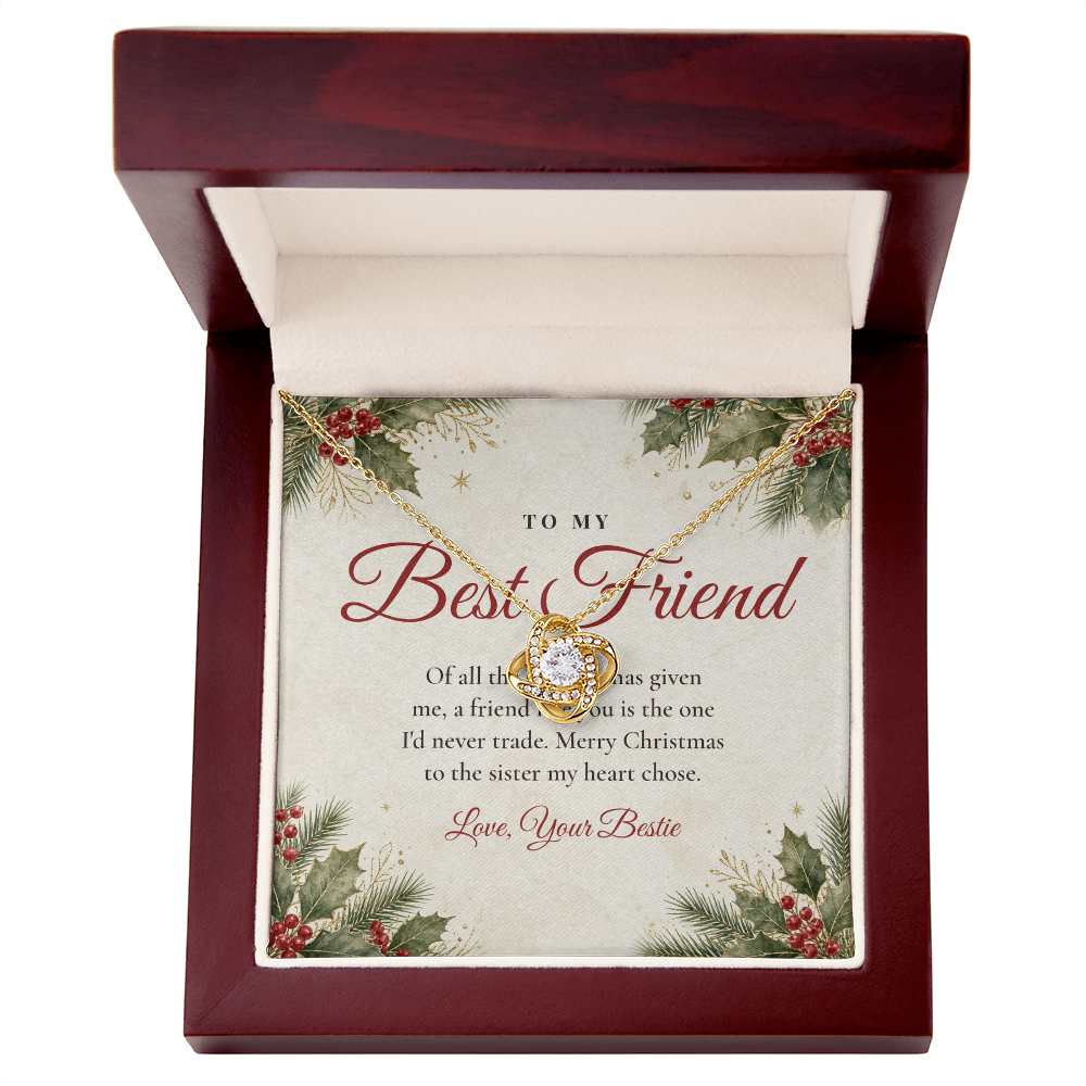 Yellow gold Love Knot necklace for best friend with To My Best Friend message card in mahogany LED luxury gift box