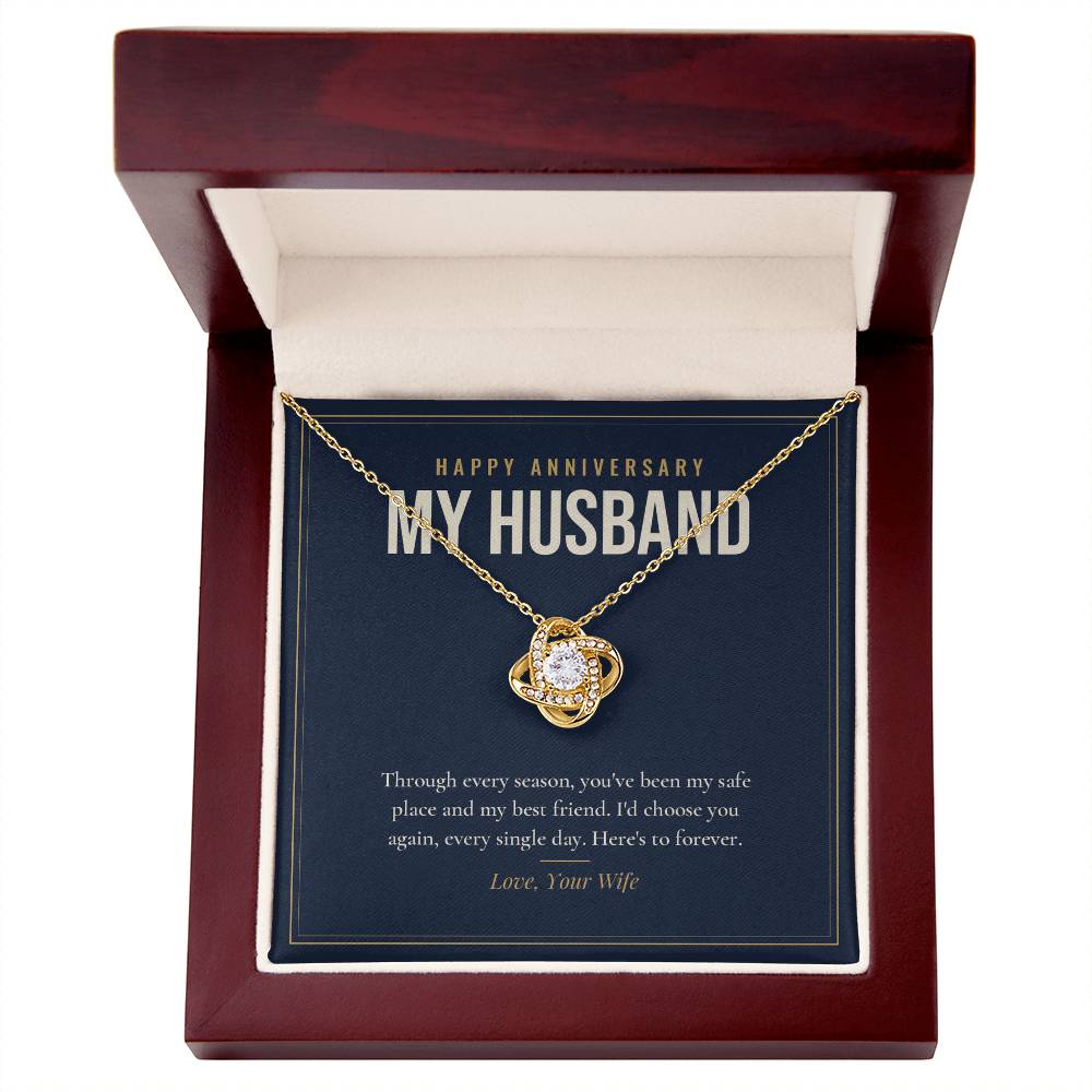 18K yellow gold finish Anniversary Love Knot necklace for Husband in mahogany luxury gift box with lid open, "Happy Anniversary My Husband" message card
