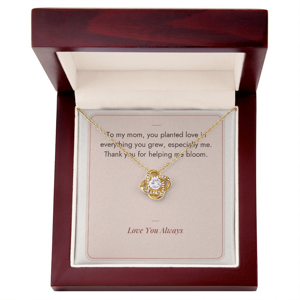 Yellow gold Love Knot necklace for Mom with Helping Me Bloom message card in mahogany LED luxury gift box
