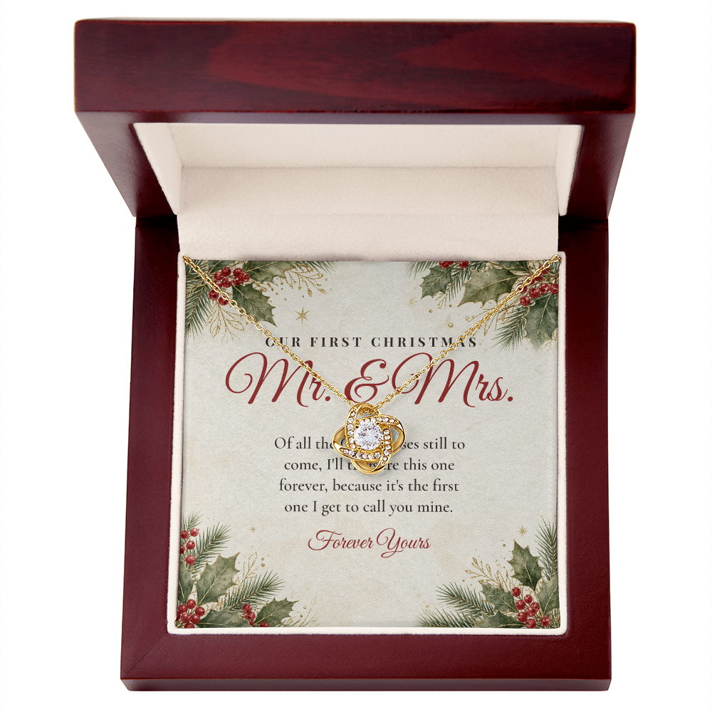 Yellow gold Love Knot necklace for wife with Our First Christmas Mr. & Mrs. message card in mahogany LED luxury gift box
