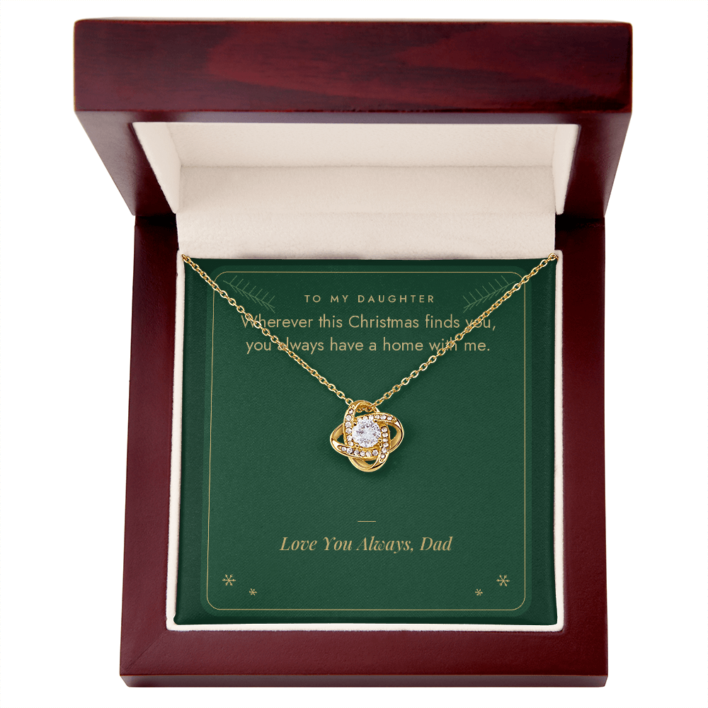 Yellow gold Love Knot necklace for daughter from Dad with You Always Have a Home With Me message card in mahogany LED luxury gift box
