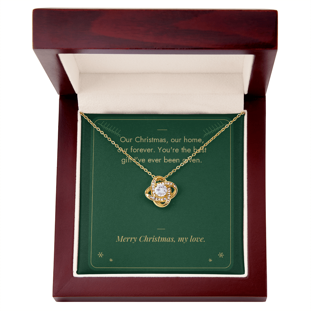 Yellow gold Love Knot necklace for wife with Our Forever message card in mahogany LED luxury gift box