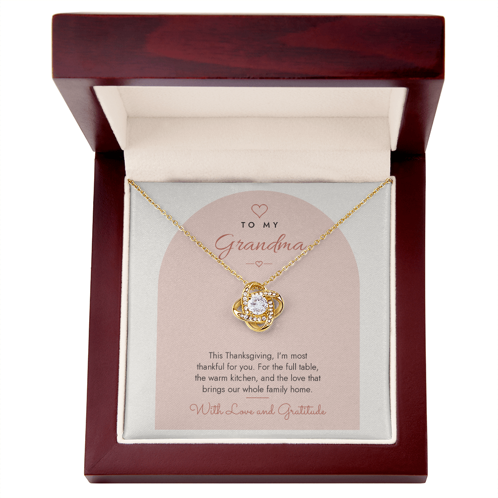 18K yellow gold finish Love Knot necklace for Grandma with modern message card in mahogany luxury gift box