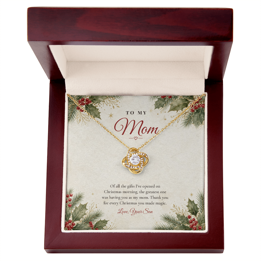18K yellow gold finish Love Knot necklace for Mom from Son with classic message card in mahogany luxury gift box
