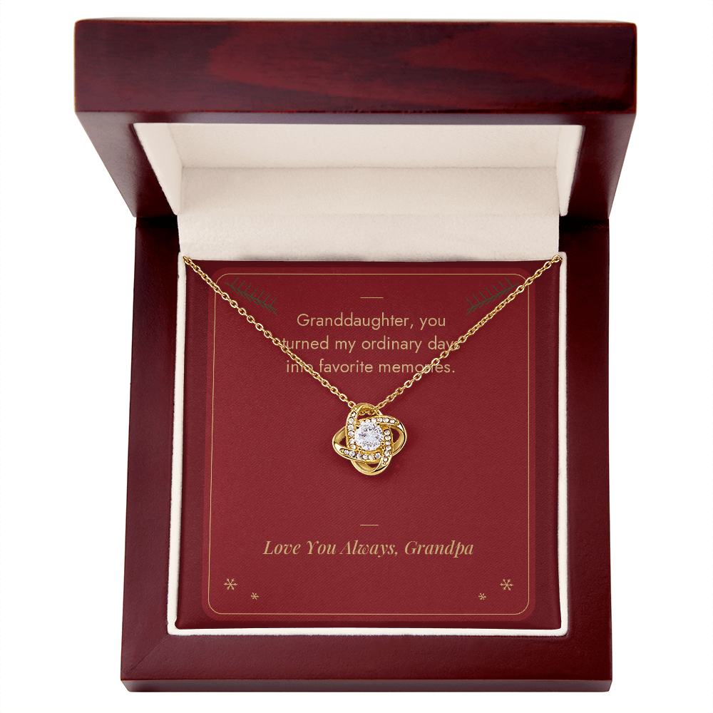 Yellow gold Love Knot necklace for granddaughter from Grandpa with Favorite Memories message card in mahogany LED luxury gift box