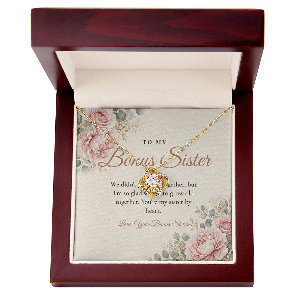 Yellow gold Love Knot necklace for bonus sister with To My Bonus Sister message card in mahogany LED luxury gift box