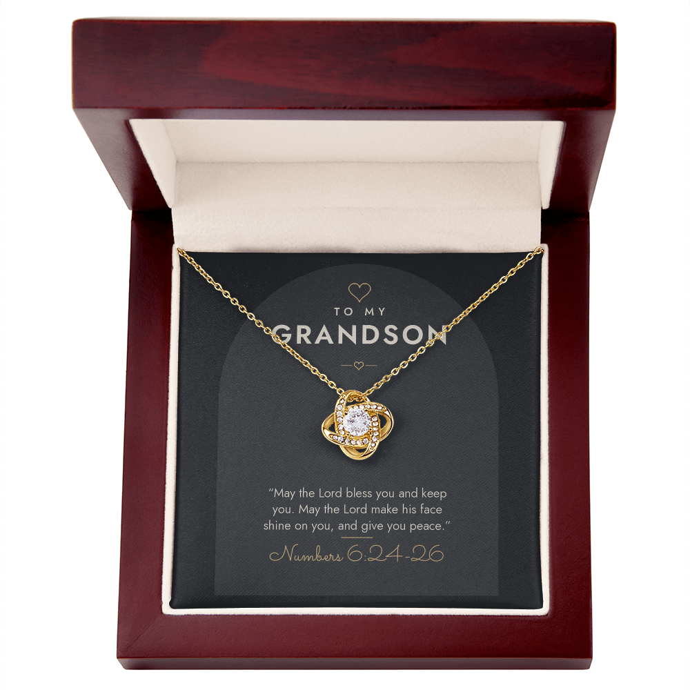 18K yellow gold finish Christian Love Knot necklace for Grandson in mahogany luxury gift box with lid open, "To My Grandson" Numbers 6:24-26 modern message card