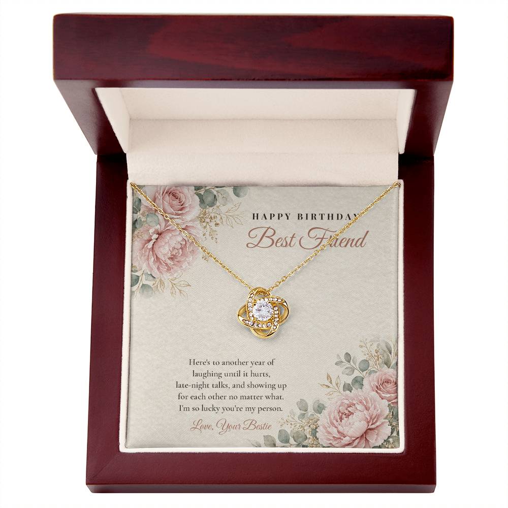 18K yellow gold finish Birthday Love Knot necklace for Best Friend in mahogany luxury gift box with lid open, "Happy Birthday Best Friend" message card