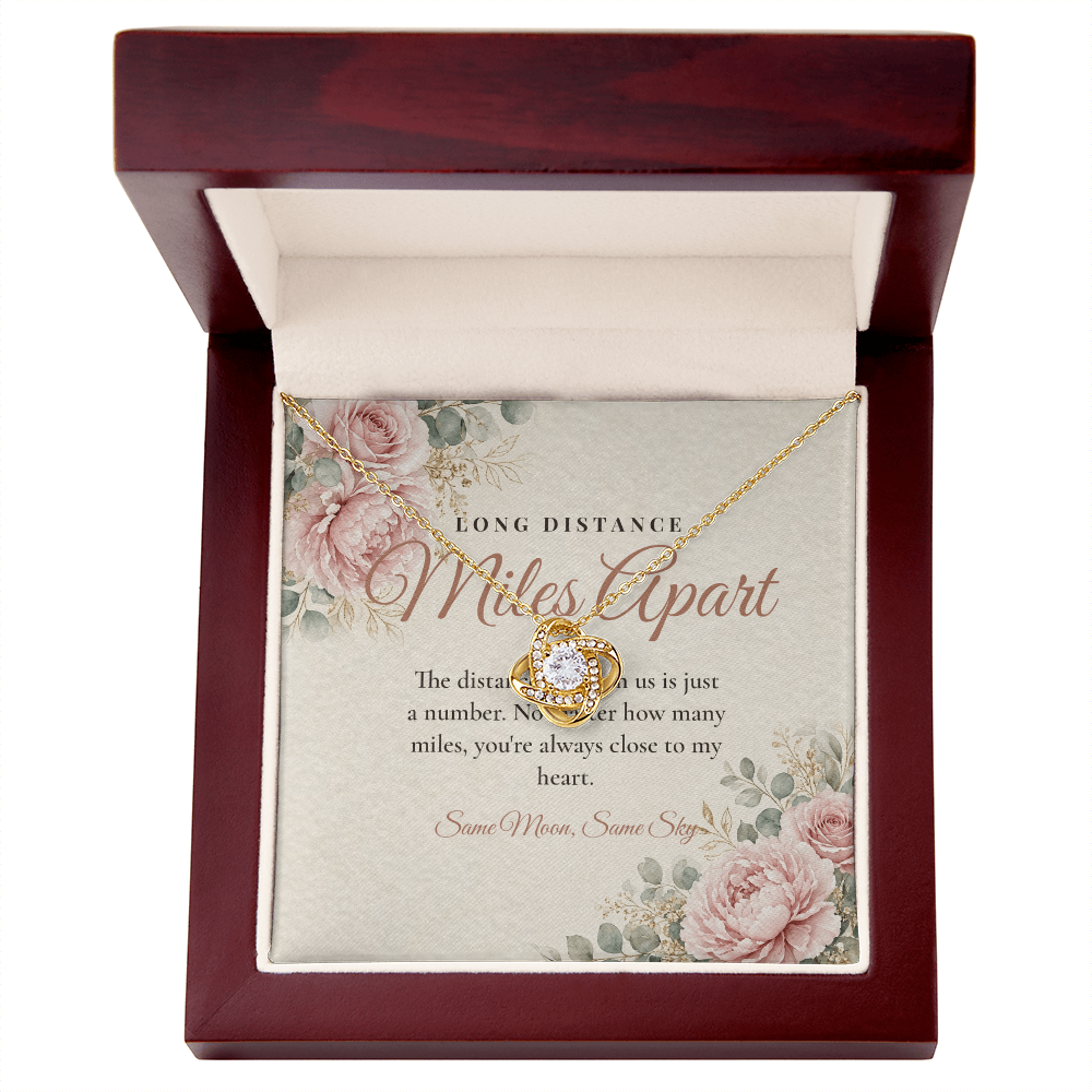 Yellow gold Love Knot necklace for long distance best friend with Long Distance Miles Apart message card in mahogany LED luxury gift box