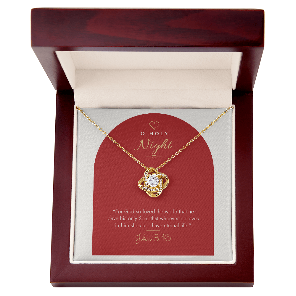 18K yellow gold finish Christian Christmas Love Knot necklace in mahogany luxury gift box with lid open, "O Holy Night" John 3:16 modern message card