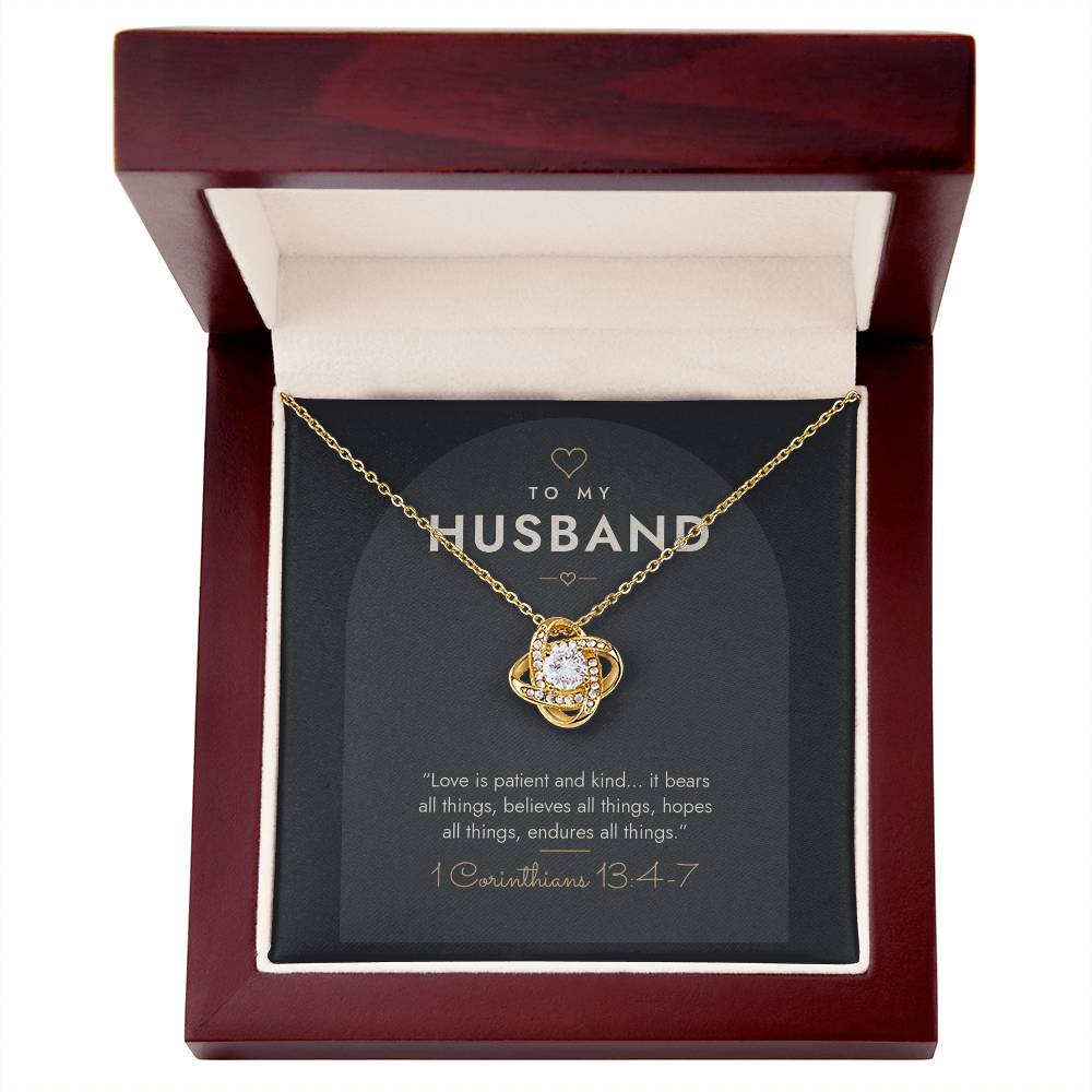18K yellow gold finish Christian Love Knot necklace for Husband in mahogany luxury gift box with lid open, "To My Husband" 1 Corinthians 13:4-7 modern message card