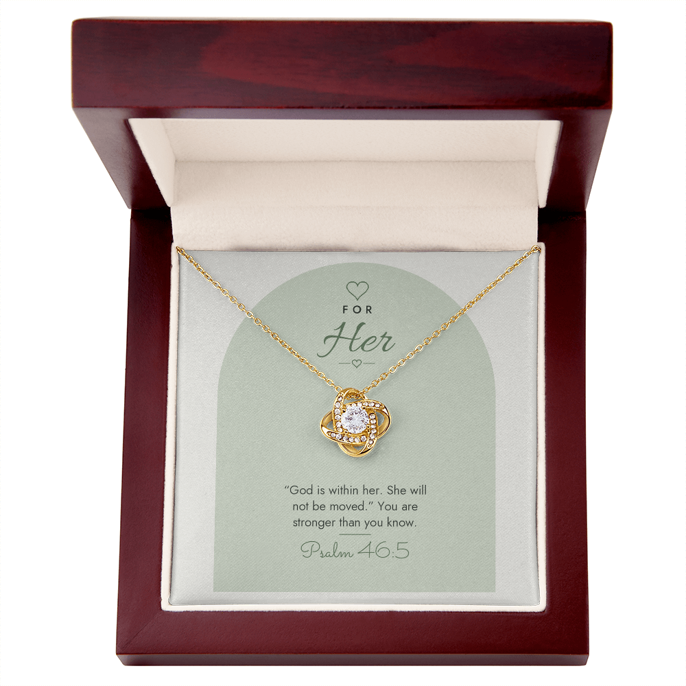 18K yellow gold finish Christian Love Knot necklace for Her in mahogany luxury gift box with lid open, "For Her" Psalm 46:5 modern message card