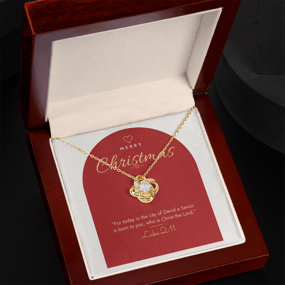 18K yellow gold finish Christian Christmas Love Knot necklace in open mahogany luxury box with LED spotlight, Luke 2:11 modern message card