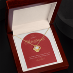 18K yellow gold finish Christian Christmas Love Knot necklace in open mahogany luxury box with LED spotlight, Luke 2:11 modern message card