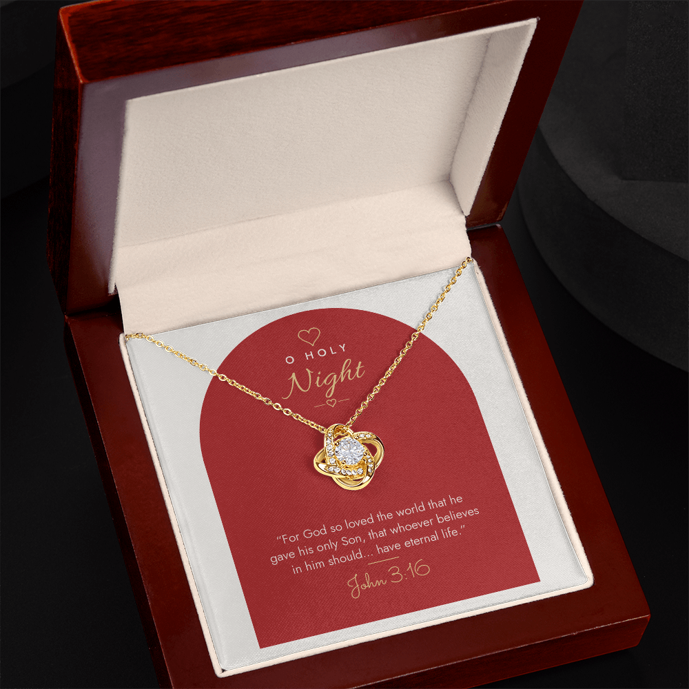18K yellow gold finish Christian Christmas Love Knot necklace in open mahogany luxury box with LED spotlight, John 3:16 modern message card