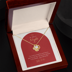 18K yellow gold finish Christian Christmas Love Knot necklace in open mahogany luxury box with LED spotlight, John 3:16 modern message card