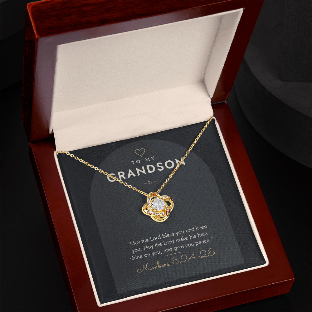 18K yellow gold finish Christian Love Knot necklace for Grandson in open mahogany luxury box with LED spotlight, Numbers 6:24-26 modern message card