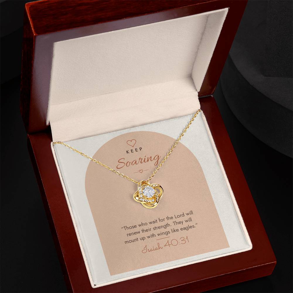 18K yellow gold finish Christian Love Knot necklace in open mahogany luxury box with LED spotlight, Isaiah 40:31 modern message card
