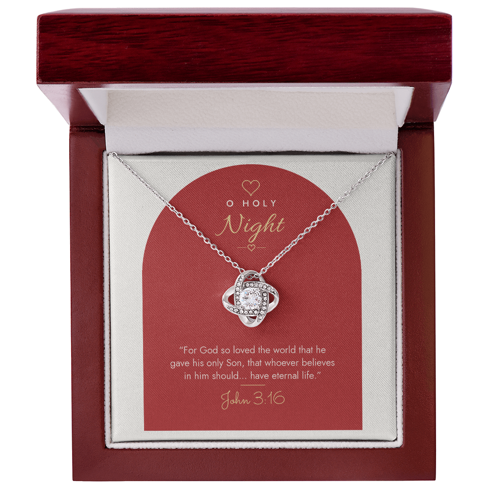 14K white gold finish Christian Christmas Love Knot necklace with John 3:16 modern message card in mahogany luxury gift box