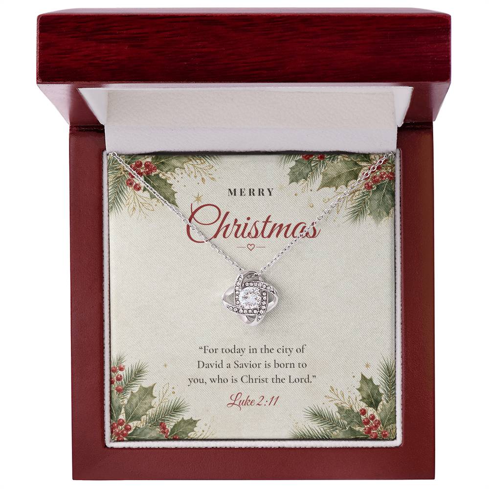 Silver finish Christian Christmas Love Knot necklace with Luke 2:11 message card in mahogany luxury gift box