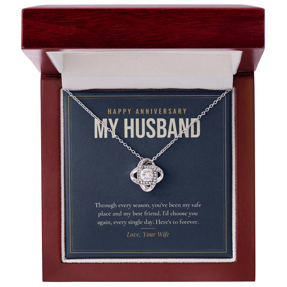 14K white gold finish Anniversary Love Knot necklace for Husband with "Happy Anniversary My Husband" message card in mahogany luxury gift box