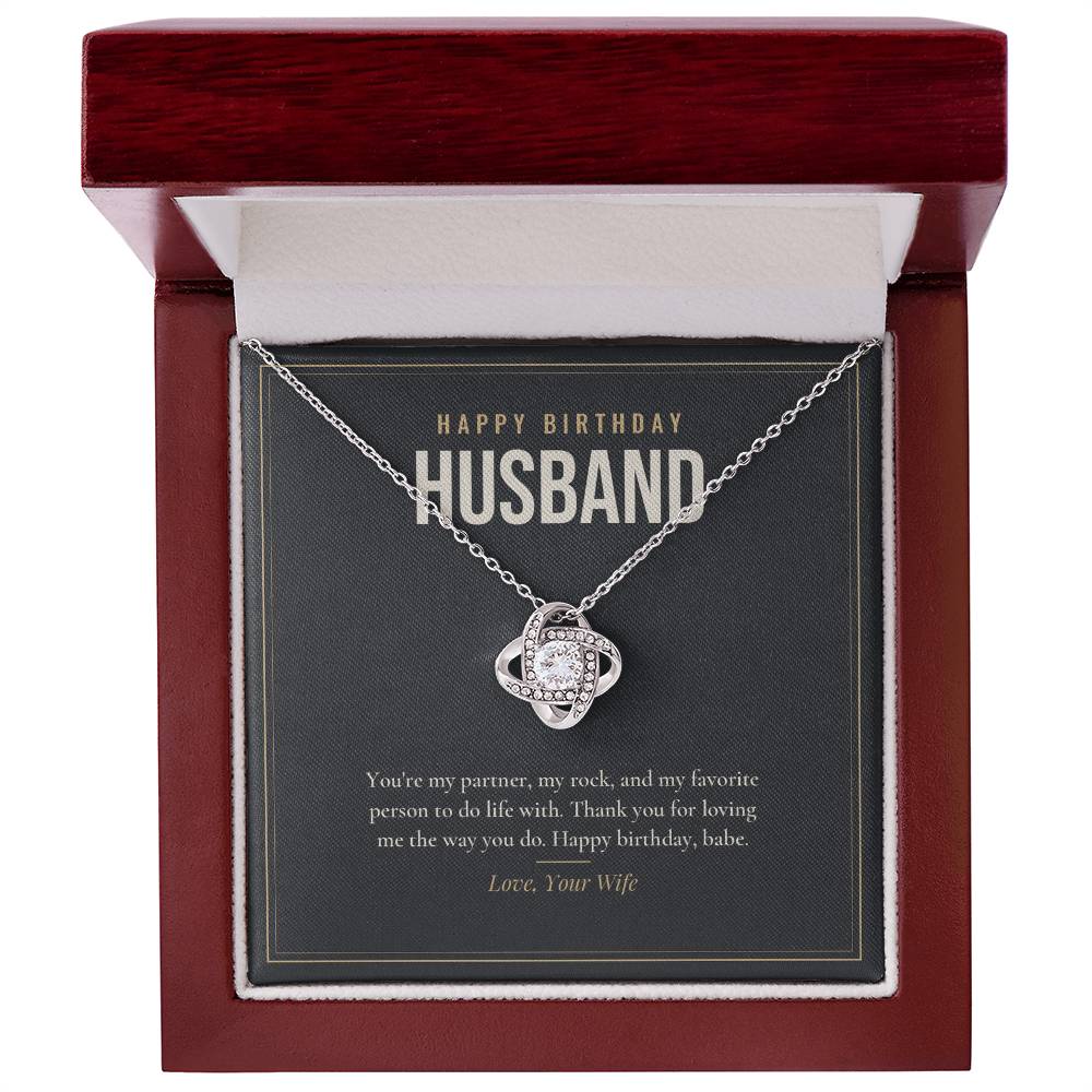 14K white gold finish Birthday Love Knot necklace for Husband with "Happy Birthday Husband" message card in mahogany luxury gift box