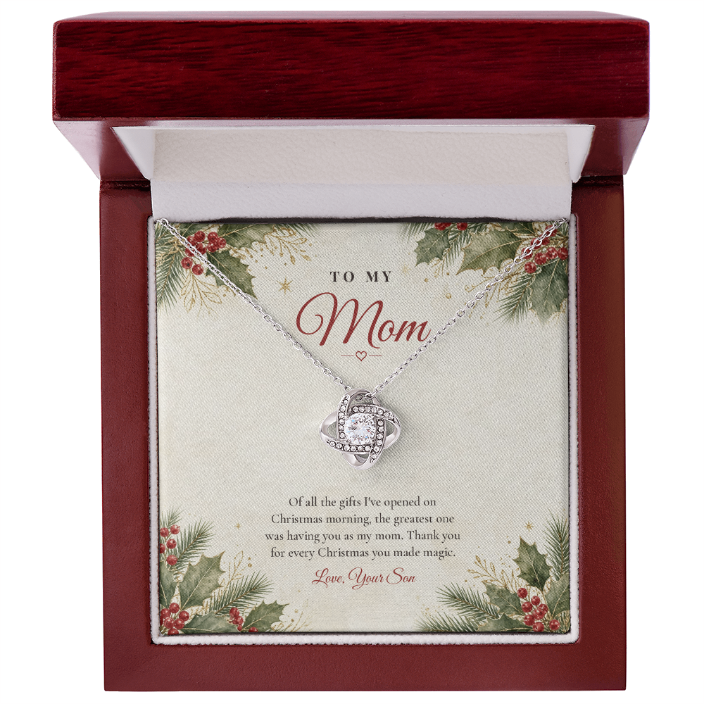 Silver finish Love Knot necklace for Mom from Son with classic message card in mahogany luxury gift box