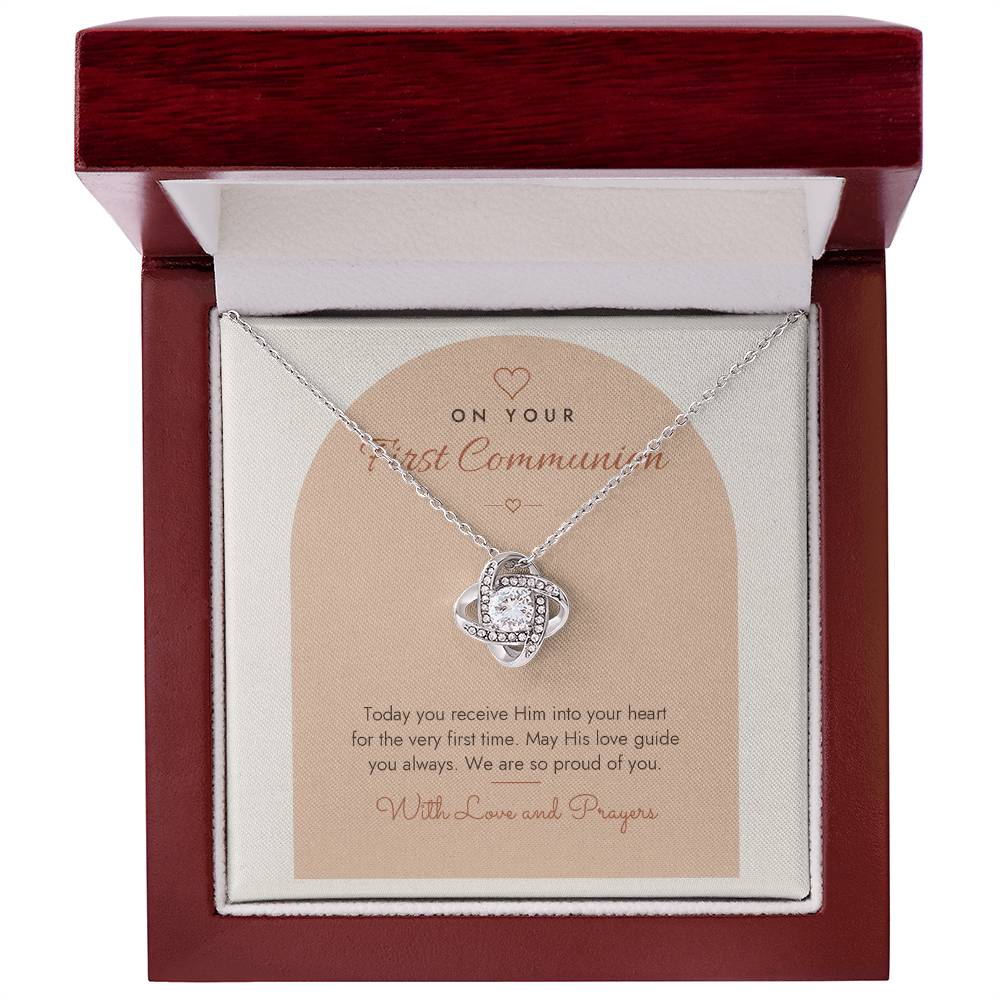 First Communion Love Knot Necklace – Modern Card