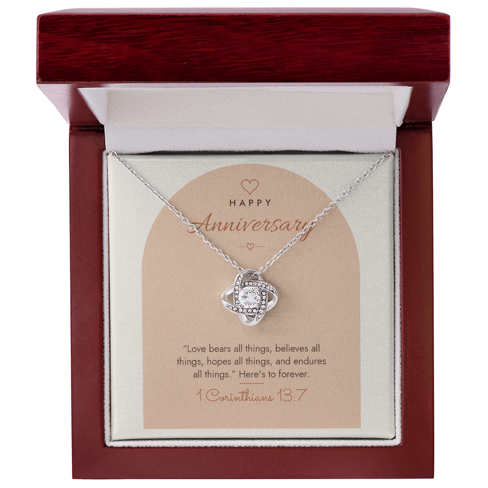 14K white gold finish Christian Love Knot necklace for Anniversary with 1 Corinthians 13:7 modern message card in mahogany luxury gift box