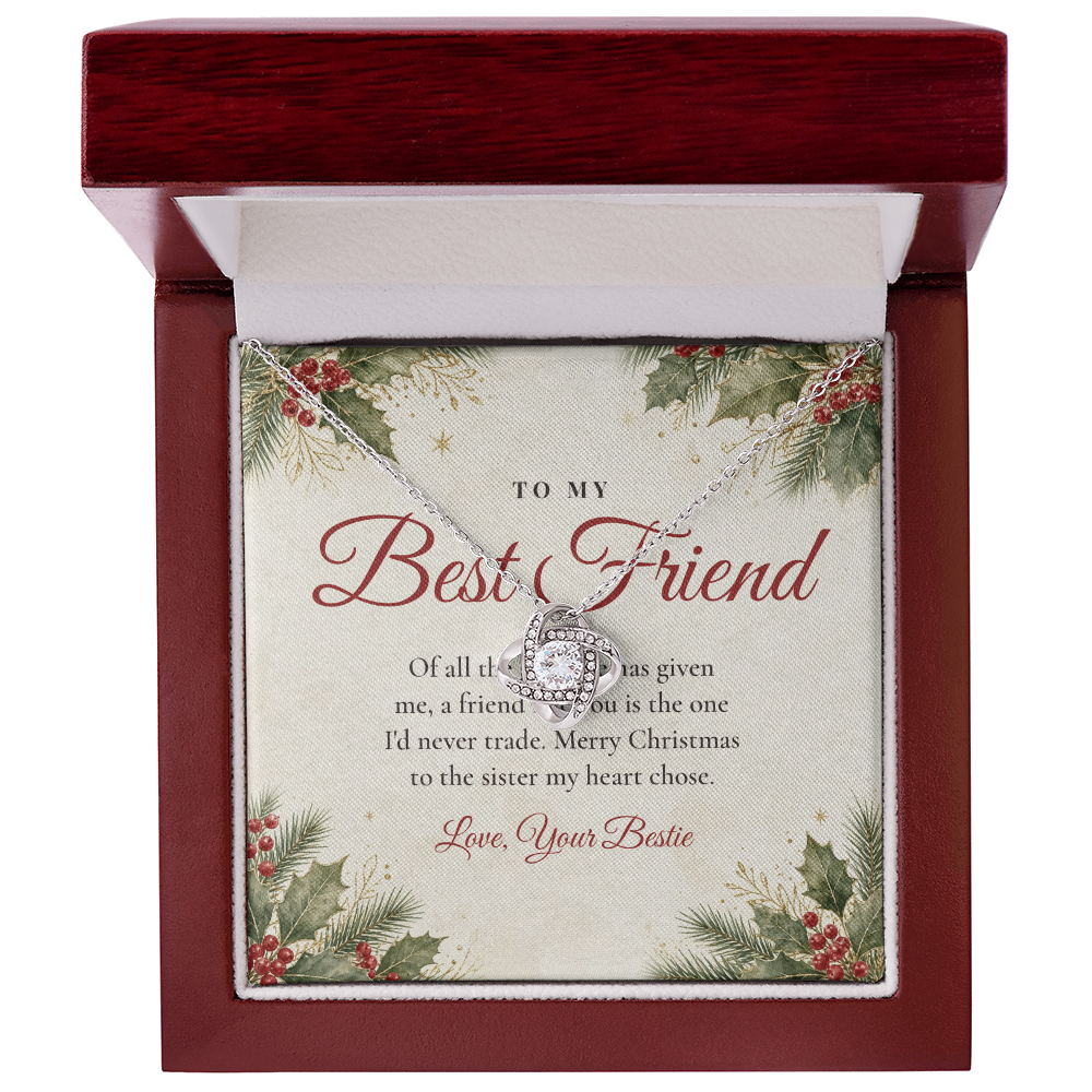White gold Love Knot necklace for best friend with To My Best Friend message card in mahogany LED luxury gift box