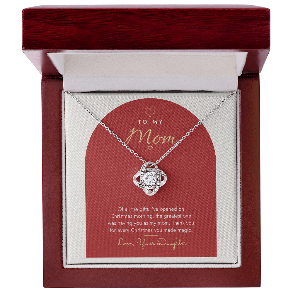 Silver finish Love Knot necklace for Mom from Daughter with modern message card in mahogany luxury gift box
