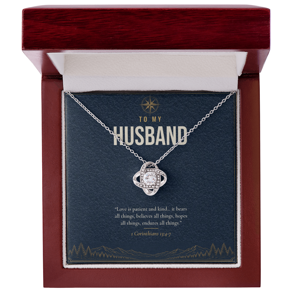 14K white gold finish Christian Love Knot necklace for Husband with "To My Husband" message card (1 Corinthians 13:4-7) in mahogany luxury gift box