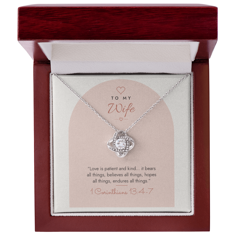 14K white gold finish Christian Love Knot necklace for Wife with 1 Corinthians 13:4-7 modern message card in mahogany luxury gift box