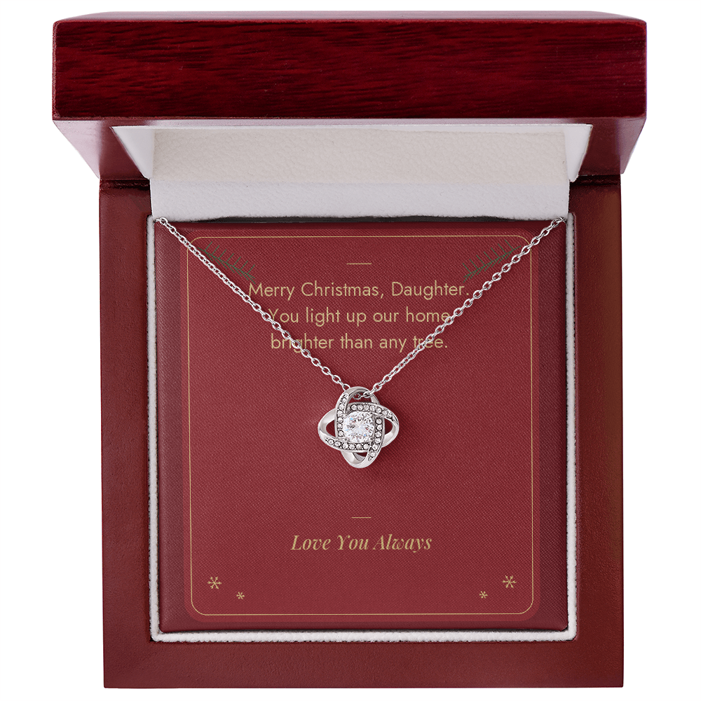 White gold Love Knot necklace for daughter with Merry Christmas Daughter message card in mahogany LED luxury gift box