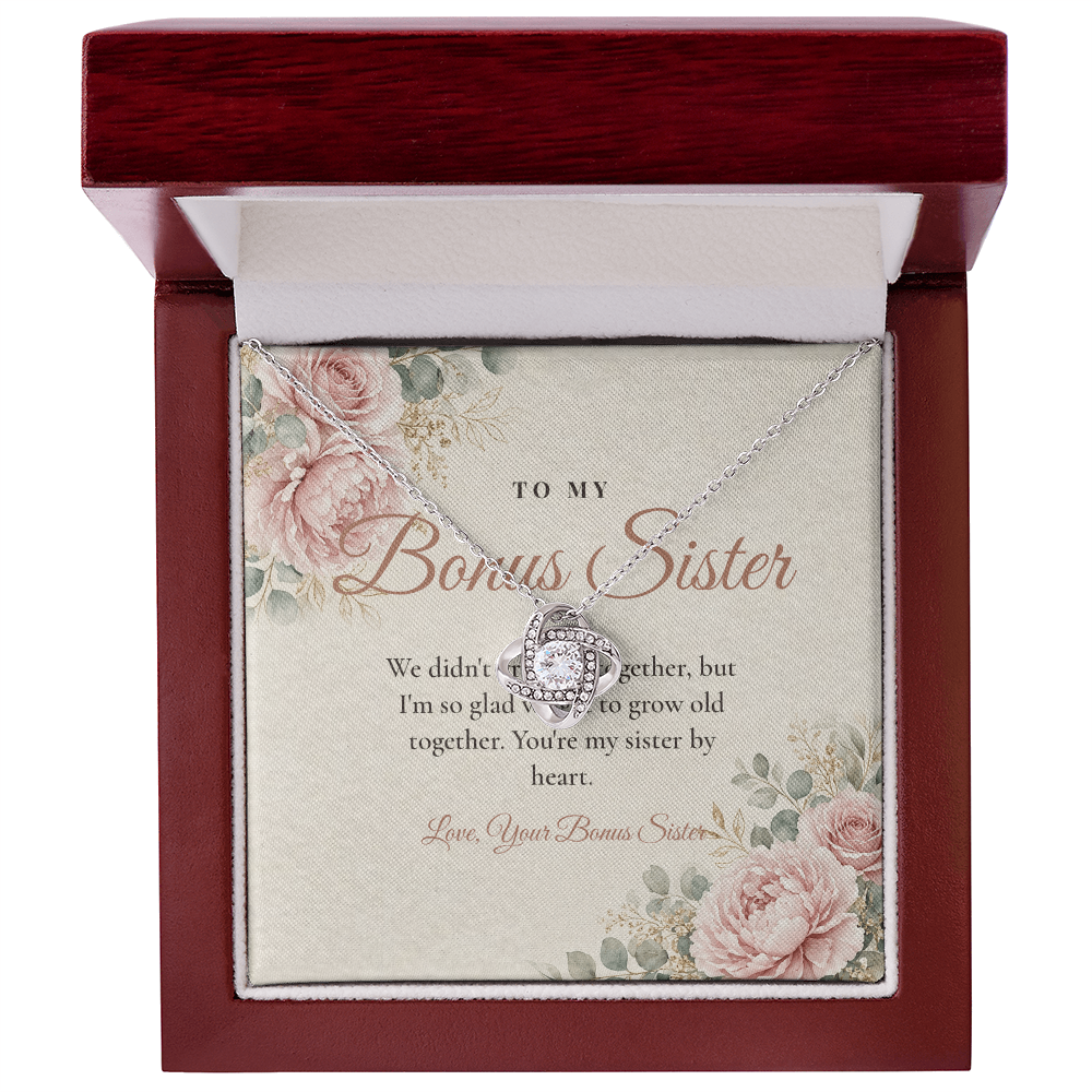 White gold Love Knot necklace for bonus sister with To My Bonus Sister message card in mahogany LED luxury gift box