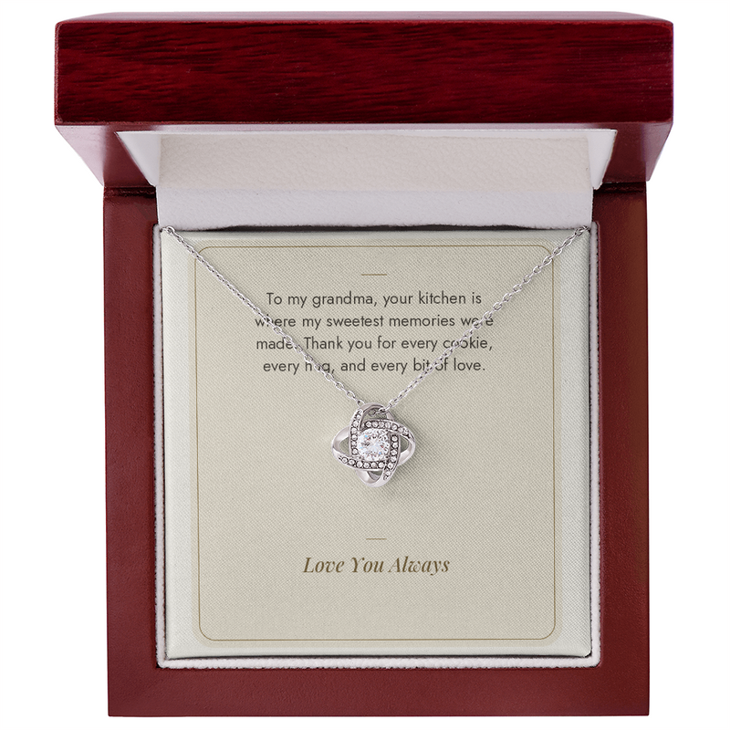 White gold Love Knot necklace for Grandma with Sweetest Memories message card in mahogany LED luxury gift box