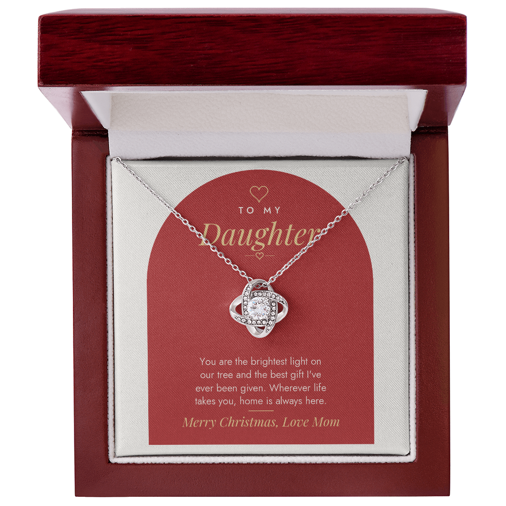 Silver finish Love Knot necklace for Daughter with modern message card in mahogany luxury gift box