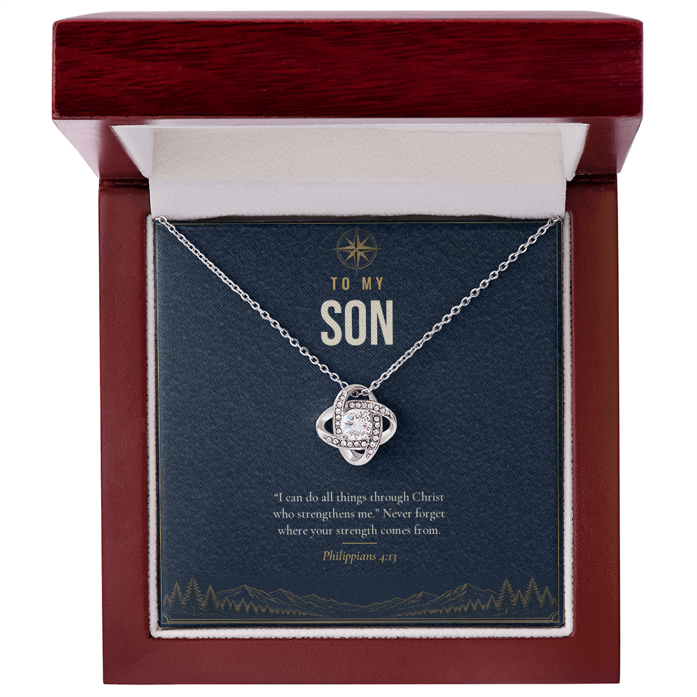14K white gold finish Christian Love Knot necklace for Son with "To My Son" message card (Philippians 4:13) in mahogany luxury gift box
