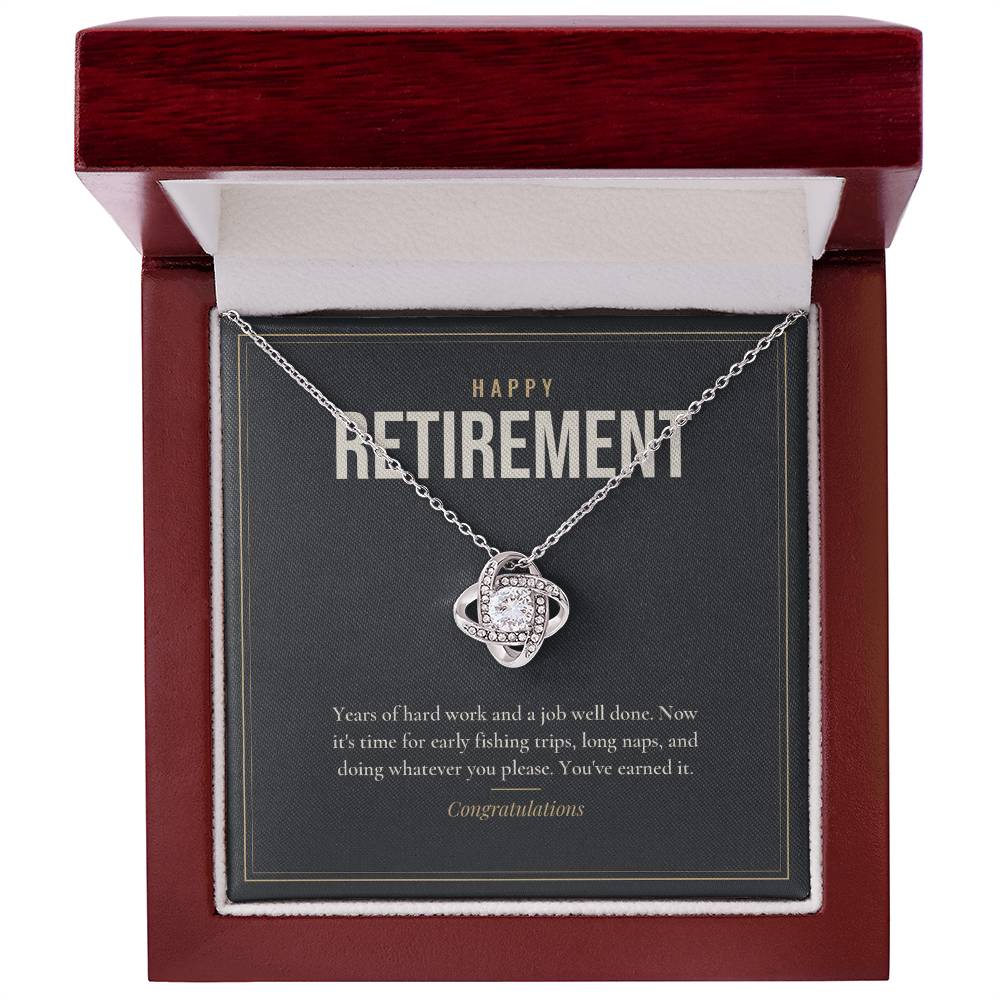 14K white gold finish Retirement Love Knot necklace for Him with "Happy Retirement" message card in mahogany luxury gift box