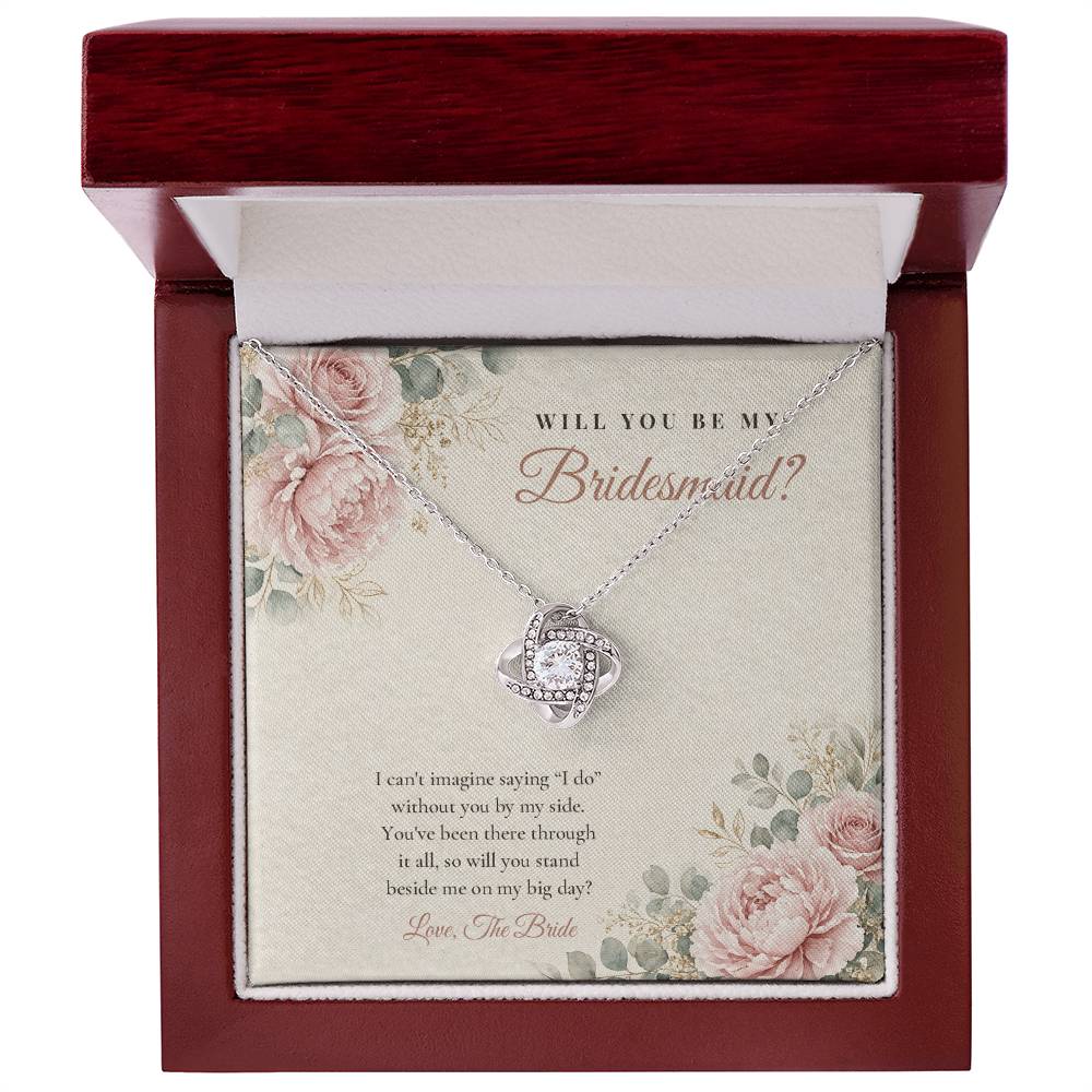 14K white gold finish Bridesmaid Proposal Love Knot necklace for Bridesmaid with "Will You Be My Bridesmaid?" message card in mahogany luxury gift box