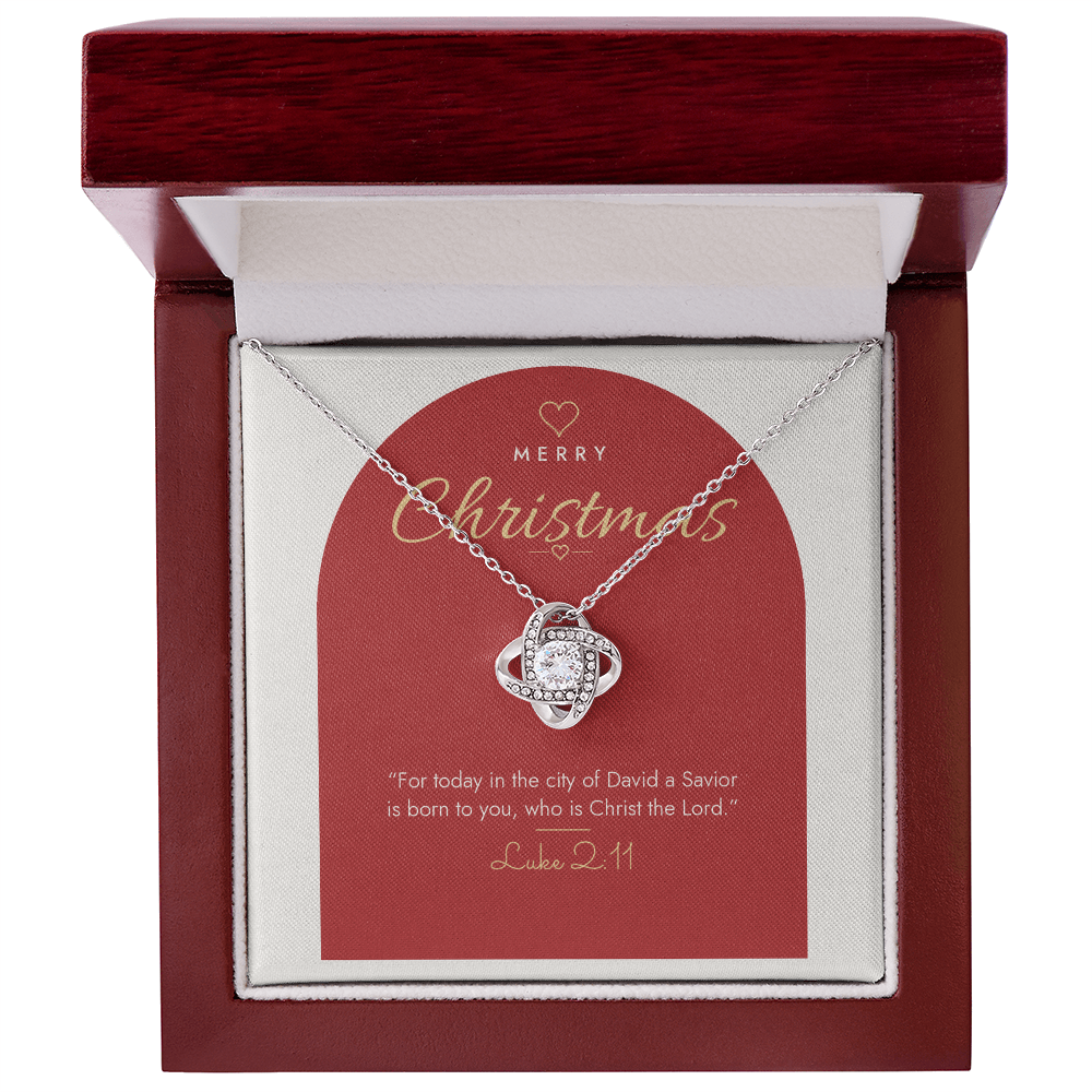 14K white gold finish Christian Christmas Love Knot necklace with Luke 2:11 modern message card in mahogany luxury gift box
