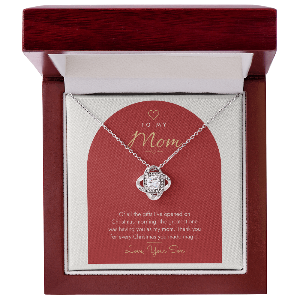 Silver finish Love Knot necklace for Mom from Son with modern message card in mahogany luxury gift box