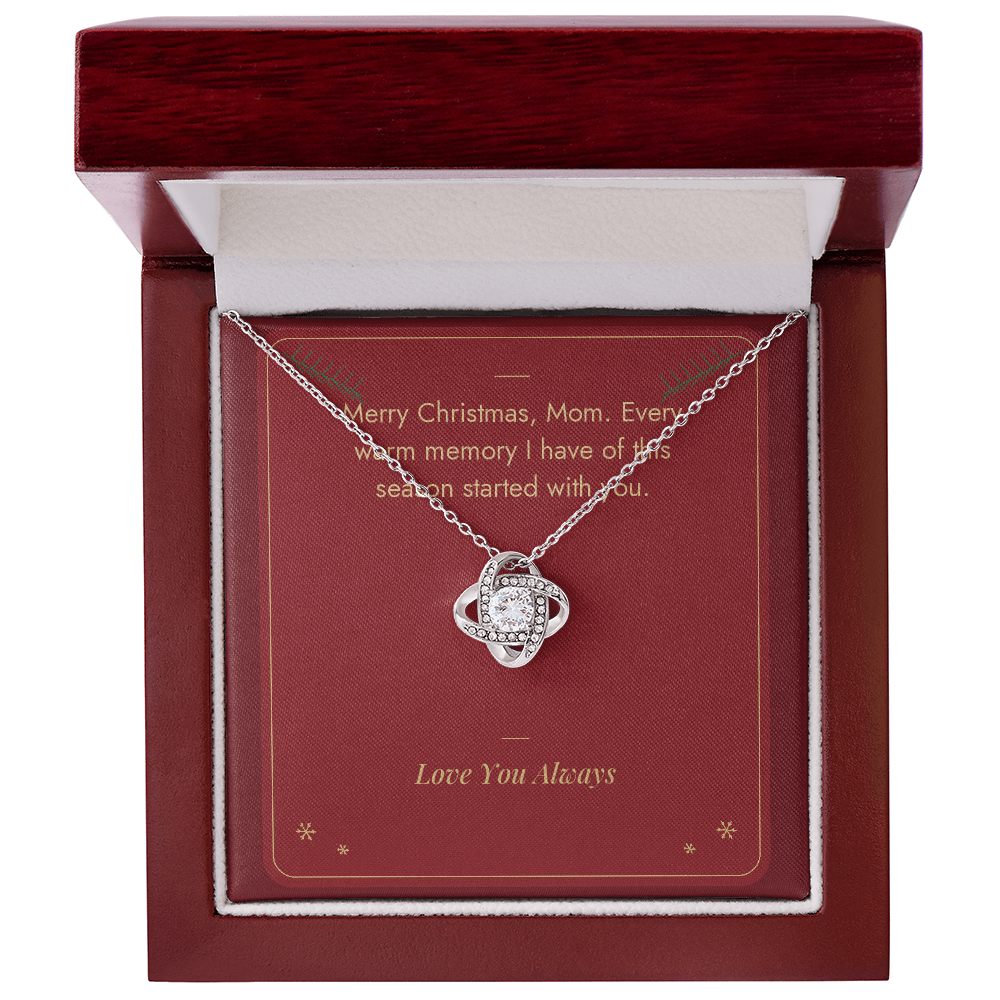 White gold Love Knot necklace for Mom with Merry Christmas Mom message card in mahogany LED luxury gift box