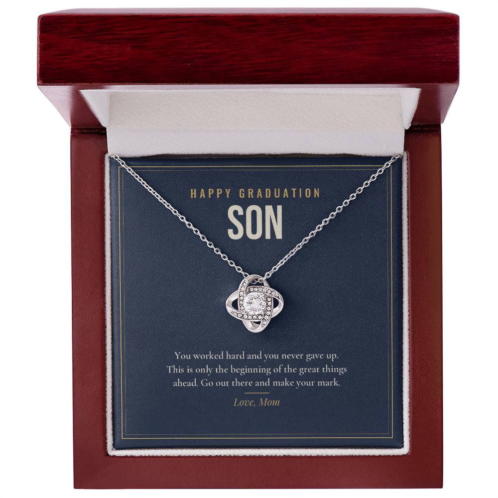14K white gold finish Graduation Love Knot necklace for Son with "Happy Graduation Son" message card in mahogany luxury gift box