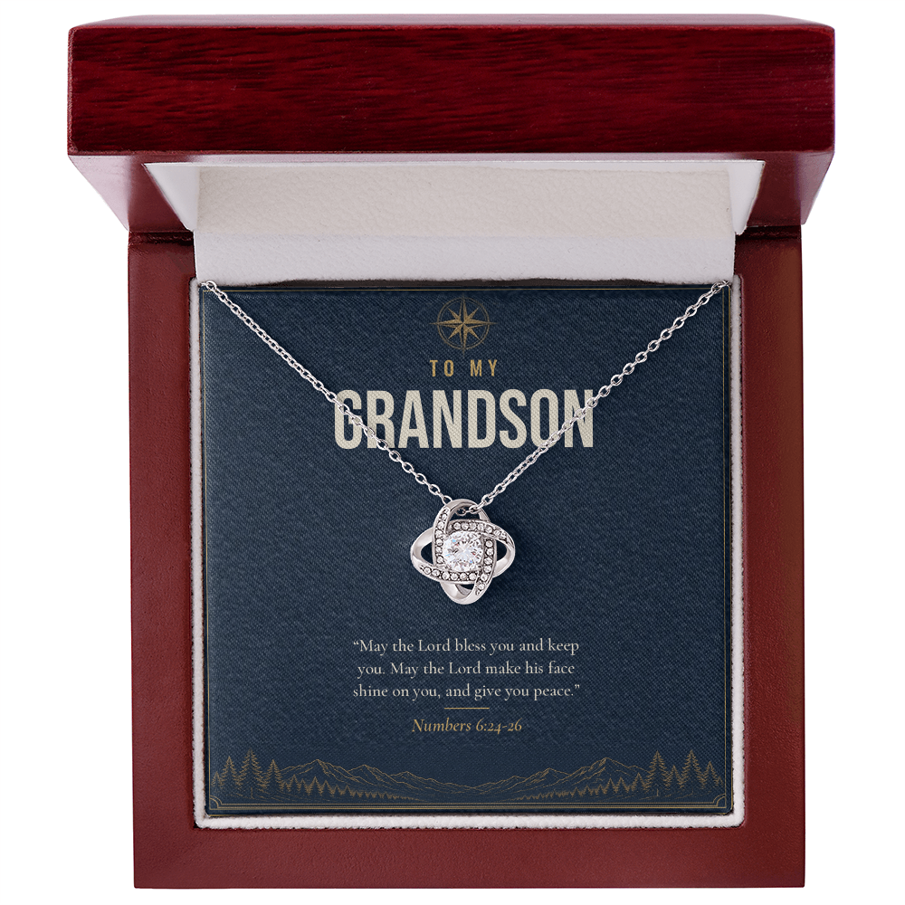14K white gold finish Christian Love Knot necklace for Grandson with "To My Grandson" message card (Numbers 6:24-26) in mahogany luxury gift box